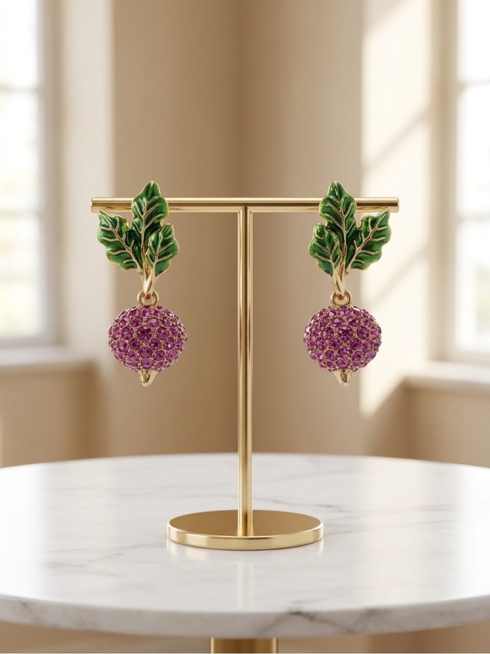 kate spade Purple Crystal radish Drop Earrings with Green Leaves